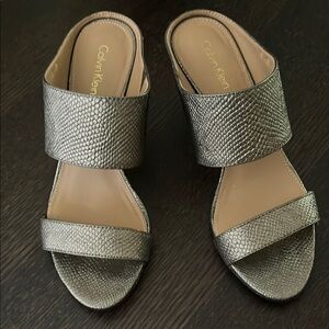 Calvin Klein Cecily Foiled Lizard Heels in Gold